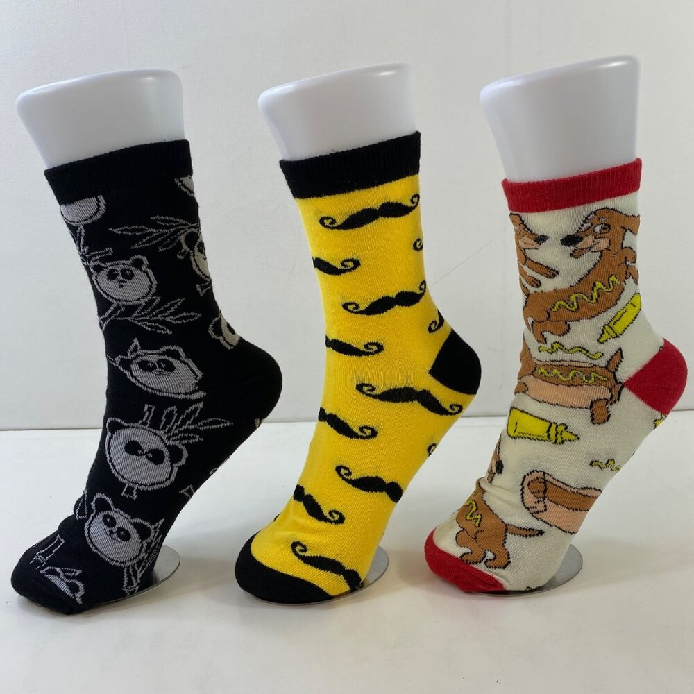 Mens Crew Socks Set 3 Panda Mustache Hot Dog Daschund Print Black Yellow Brown